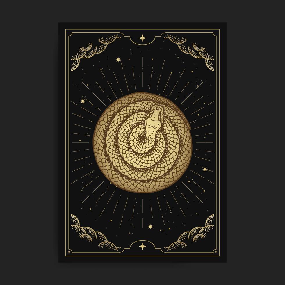 Snake circle in tarot card with engraving, luxury style and background decorated with starry sky and clouds for tarot reader, card and poster vector