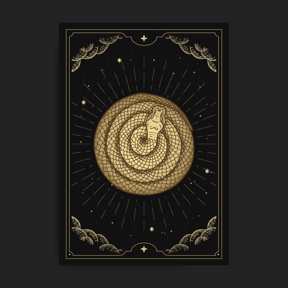 círculo de serpientes en tarot con grabado, estilo lujoso y fondo decorado con cielo estrellado y nubes para lector de tarot, carta y afiche vector