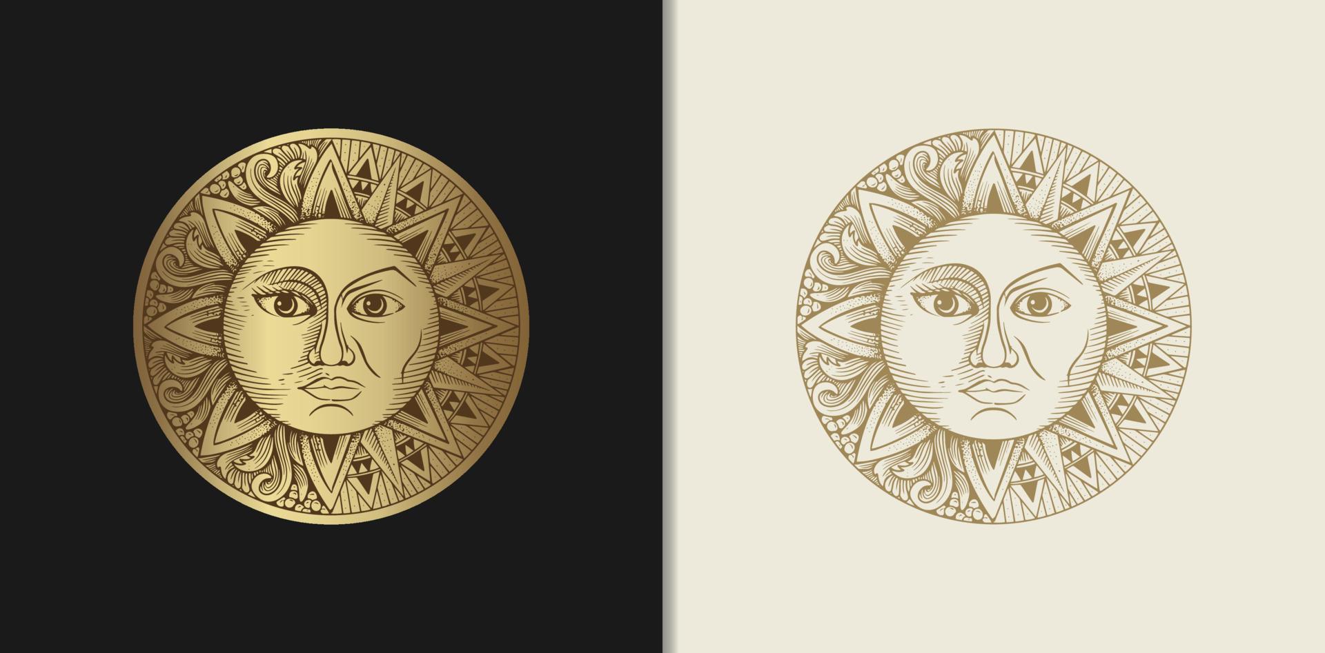 Sun and moon which has two faces with engraving, luxury style for tarot reader, card, tattoo and poster vector