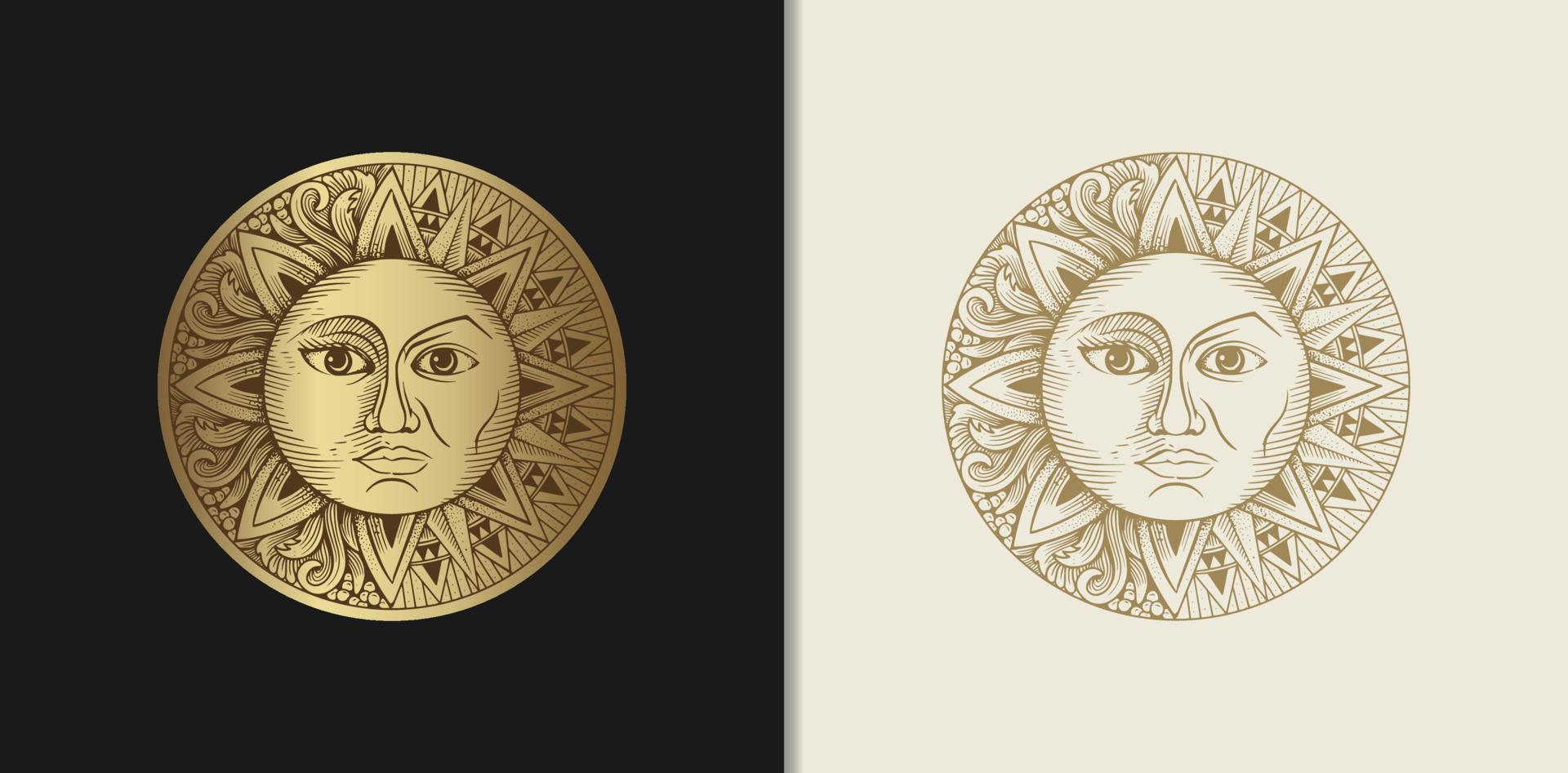 Sun and moon which has two faces with engraving, luxury style for tarot reader, card, tattoo and poster vector