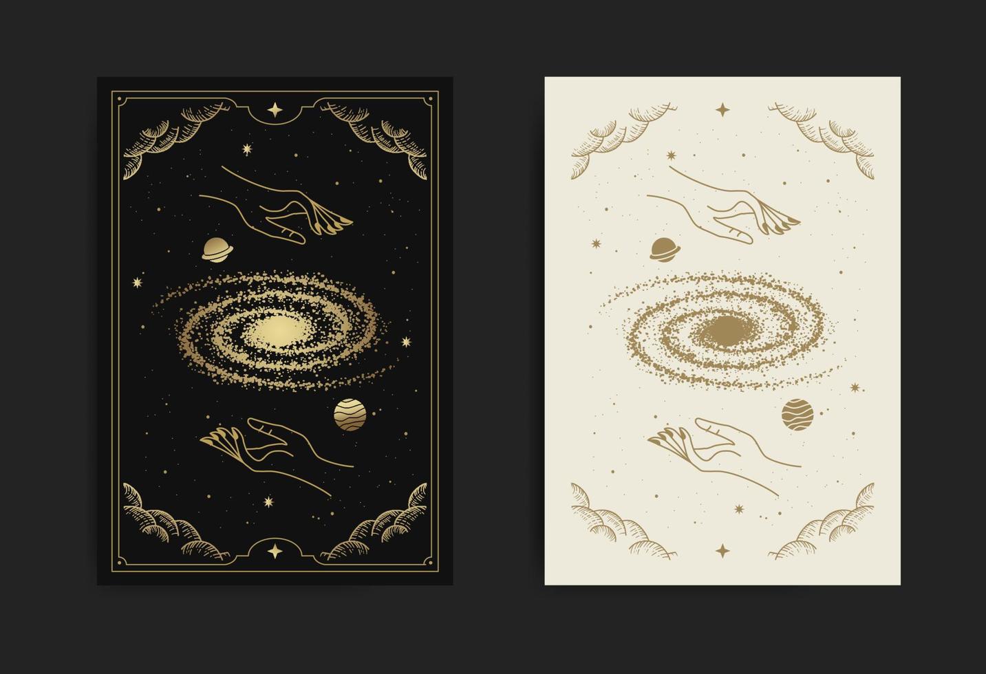 Hand hold universe or outer space card, with engraving, luxury, esoteric, boho, spiritual, geometric, astrology, magic themes, for tarot reader card. Premium Vector