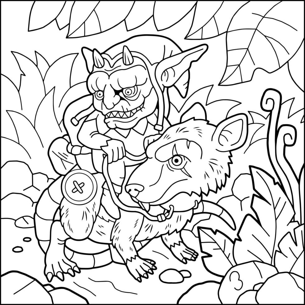 cartoon scary goblin riding a rat, coloring page, outline illustration vector