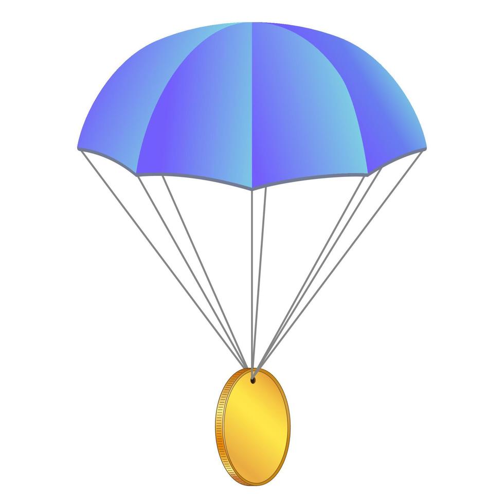 Airdrop concept parachute with coin isolated on white. Blank gold coin with place for logo or symbol. Vector illustration.