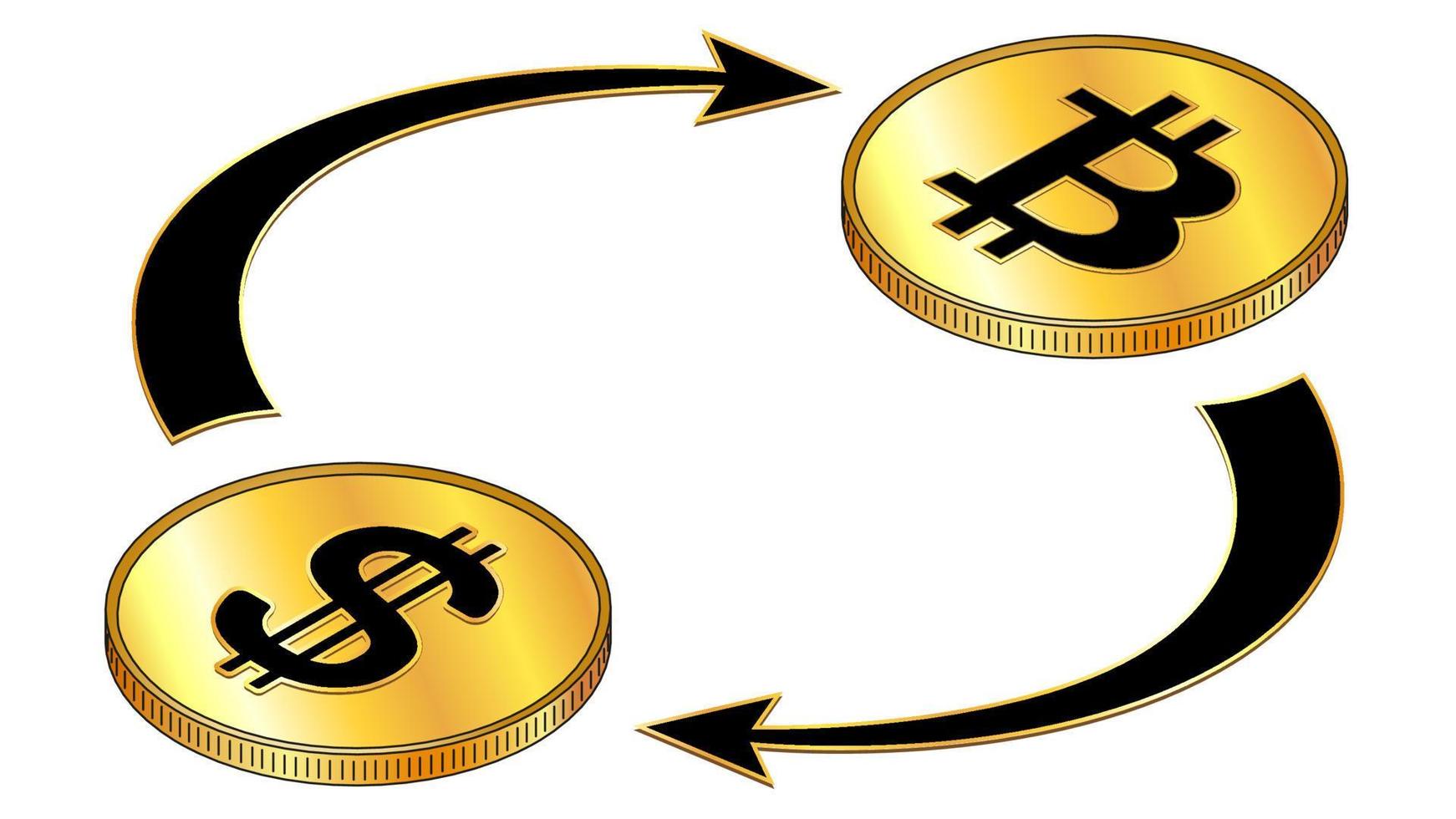 Dollars USD and Bitcoin BTC circulation isometric concept with black symbols on gold coins and cyclical arrows isolated on white. Rotation of digital money. Vector design element.