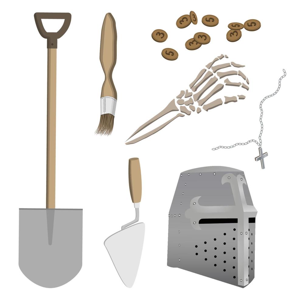 Set of antiquities from medieval archaeological site of knight-crusader. Excavation tools. Vector illustration.