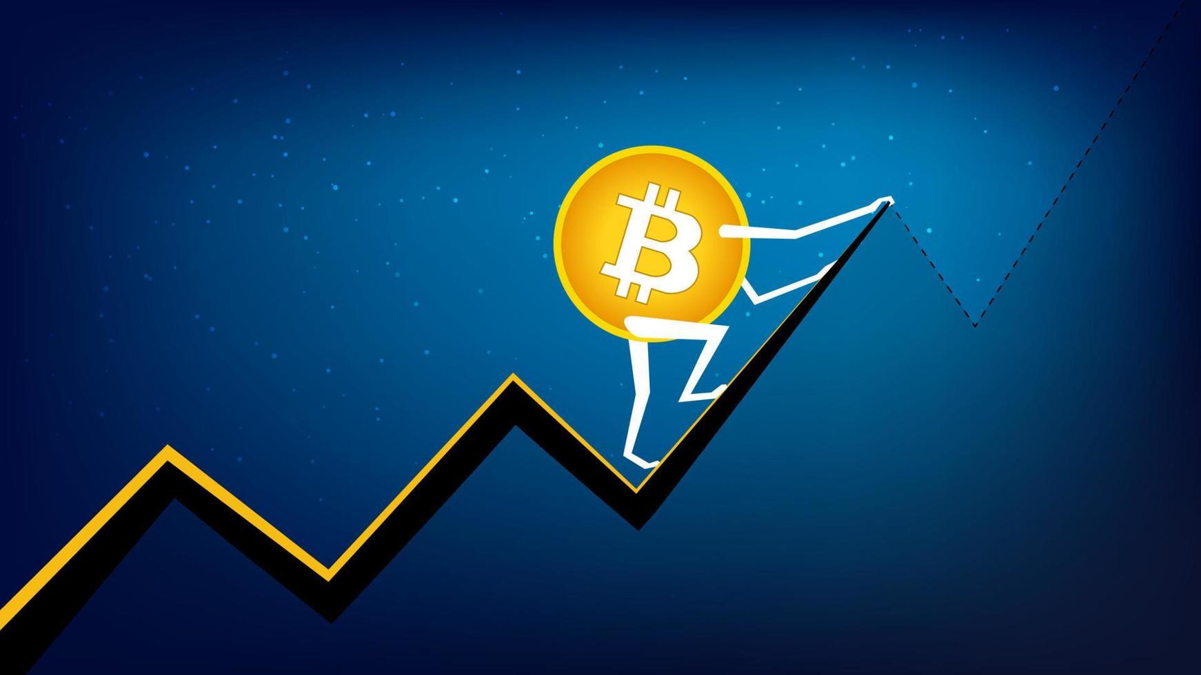 Bitcoin BTC is climbing to the next peak. Cryptocurrency has all time high. BTC coin to the moon. vector