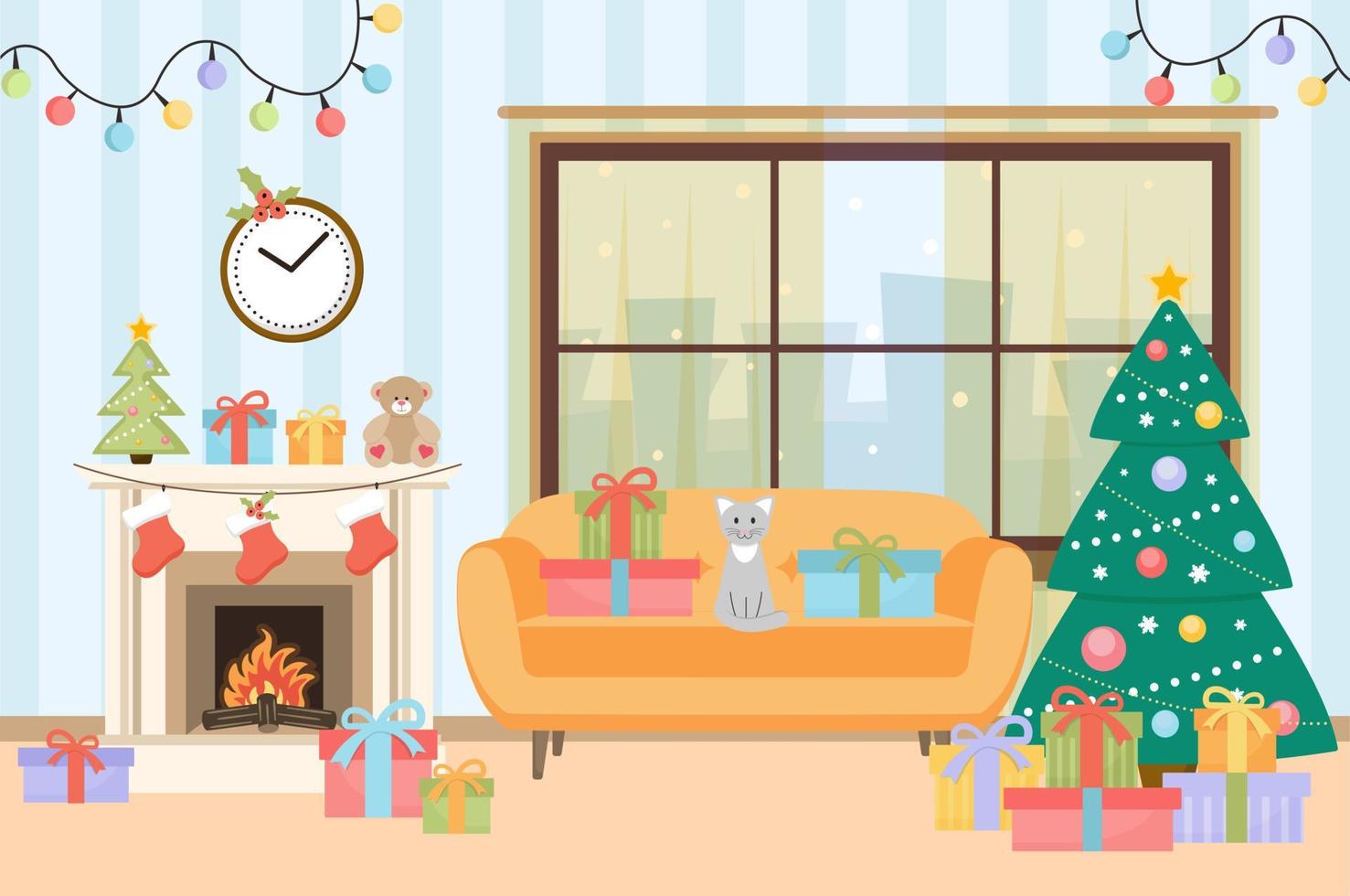 Christmas room interior. Christmas tree, gift boxes, fireplace, sofa, cat and decoration. vector