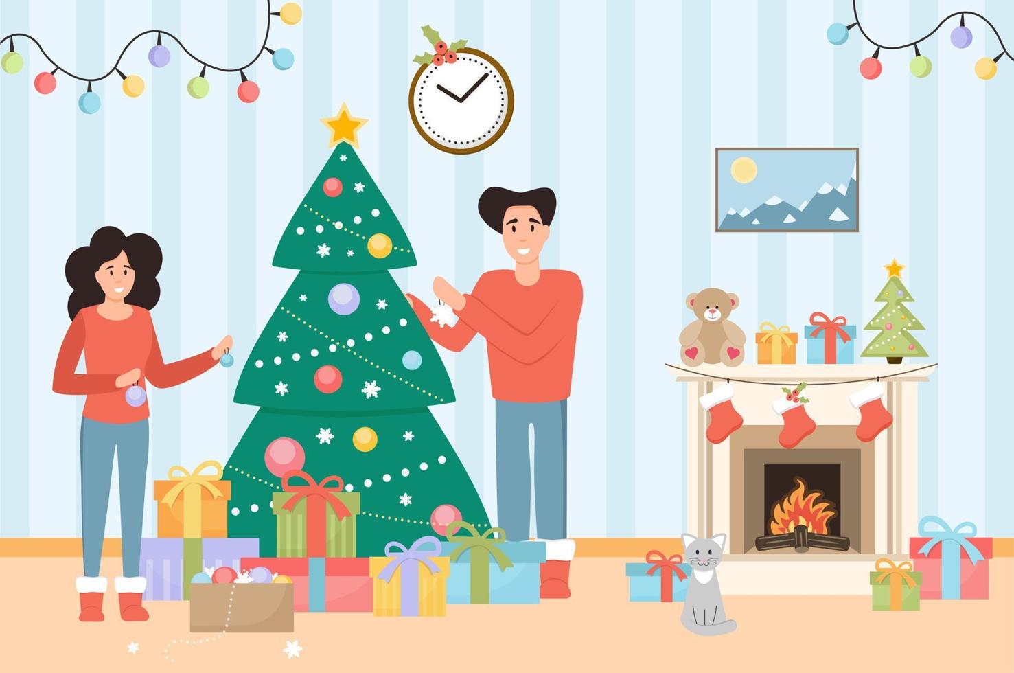 interior de la habitación de navidad con pareja de amor. celebración familiar de navidad en casa. árbol de navidad, cajas de regalo, chimenea, gato y decoración. vector