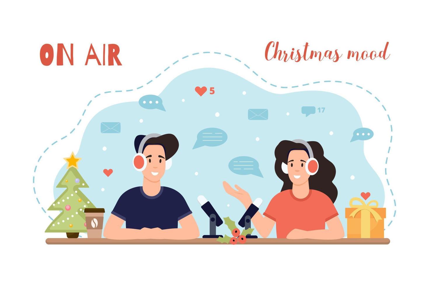 Christmas mood. A man and a woman in headphones talking on air. Broadcast concept. vector