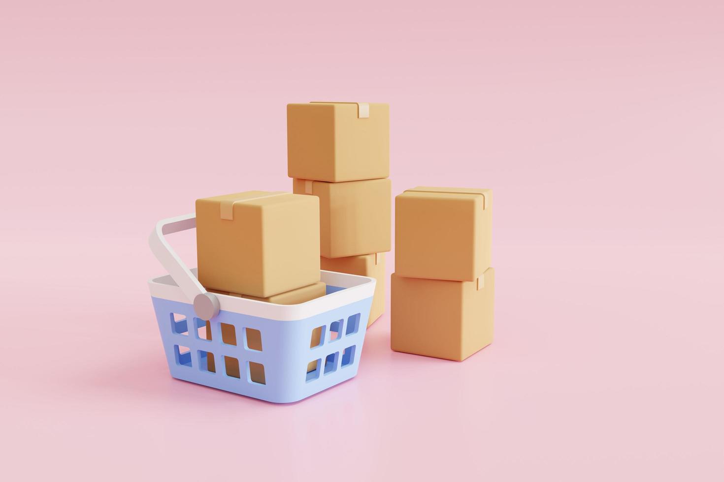The parcel box is in the shopping basket. Express delivery cartoon icon concept. 3D rendering photo