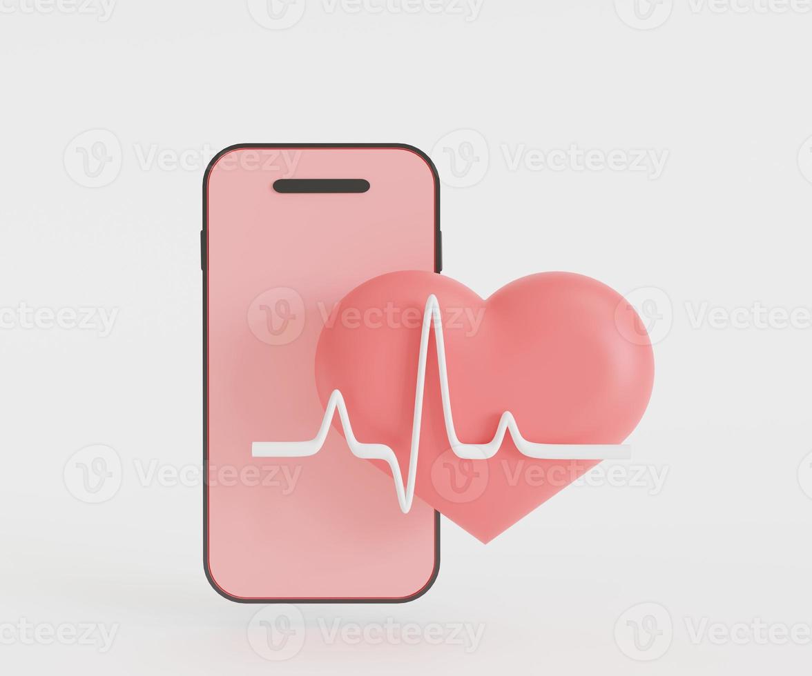 icono del corazón con onda de latidos del corazón y teléfono inteligente rosa, representación 3d foto