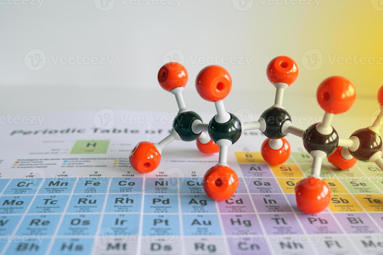 Simulate Shape of covalent molecules on a periodic table background. Soft and selective focus. photo