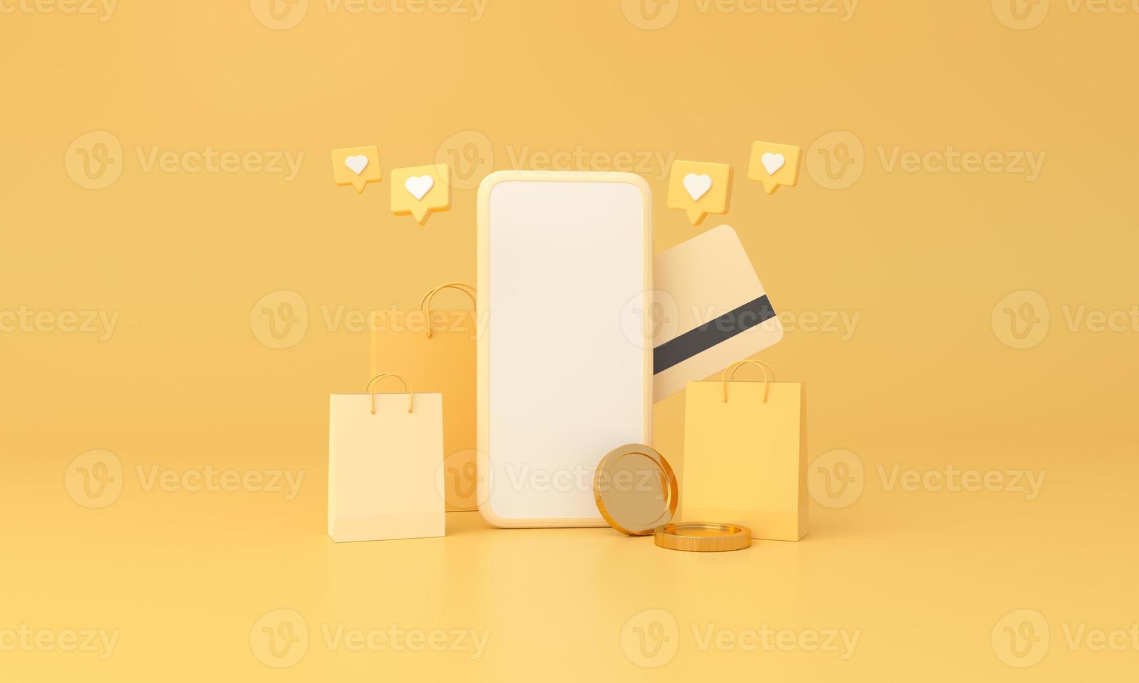 Online transaction via smartphone, bag shopping, credit card, money coin online, like heart icon, online payment concept. photo