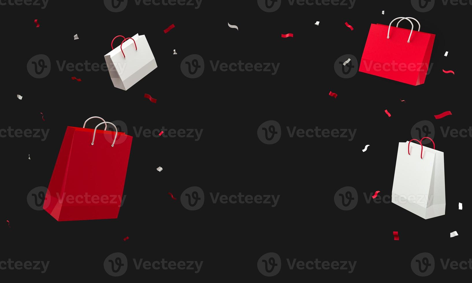 Shopping bags red and white with sparkle flying in black studio background. Black fridays discounts. 3d rendering. photo