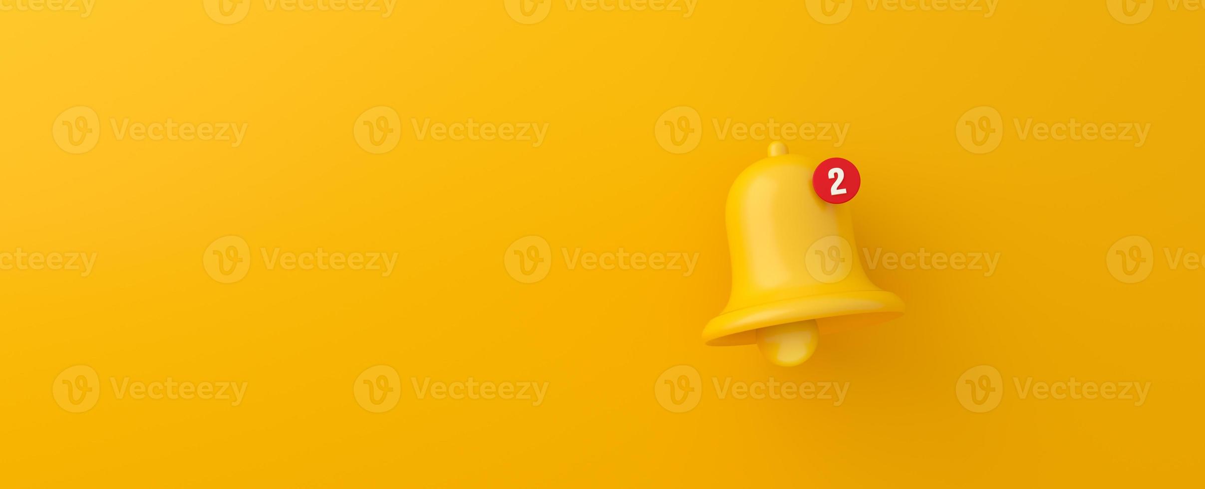Notification bell on yellow background. 3d rendering. photo