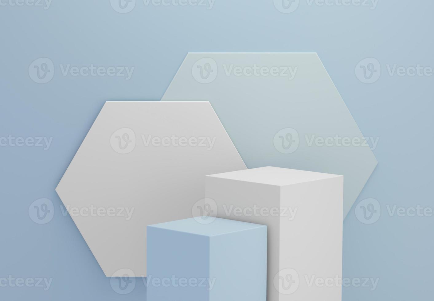 pedestal de cubos para exhibición de productos sobre fondo azul de sala hexagonal para exhibición. plataforma de podio vacía. foto