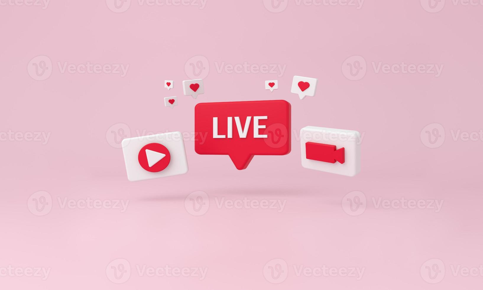 Live bubble, like heart, play and video minimal icons on pink background. photo