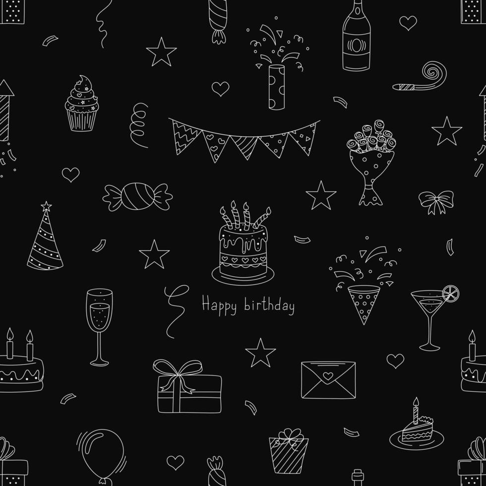 feliz cumpleaños. patrón sin costuras con elementos de cumpleaños. pasteles, regalos, globos y más. vector