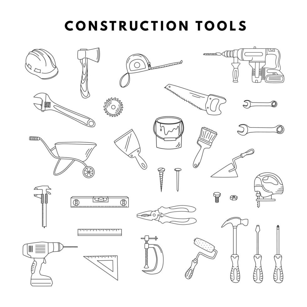 Construction Tools. Outline Hand Drawn Elements. The Concept Of Home Renovation, Construction. vector