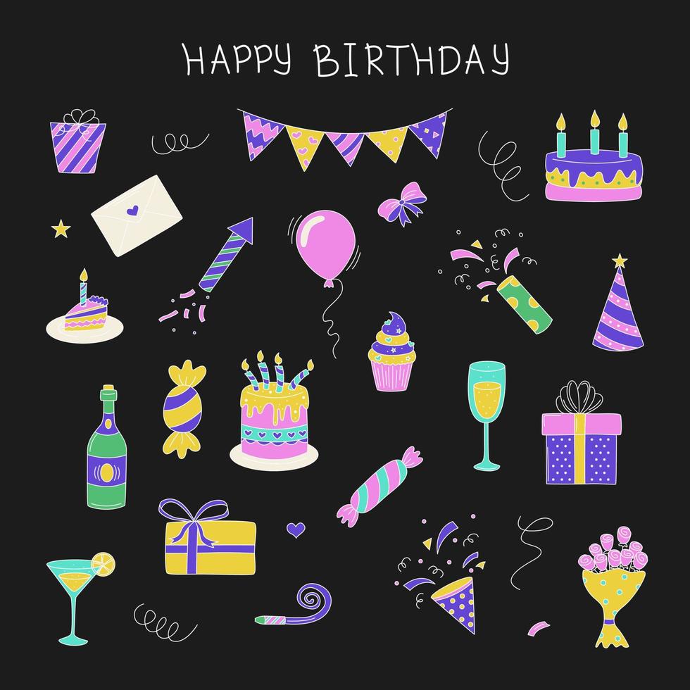 conjunto de feliz cumpleaños. pasteles, galletas, regalos y otros artículos. el concepto de vacaciones, cumpleaños, felicitaciones. vector