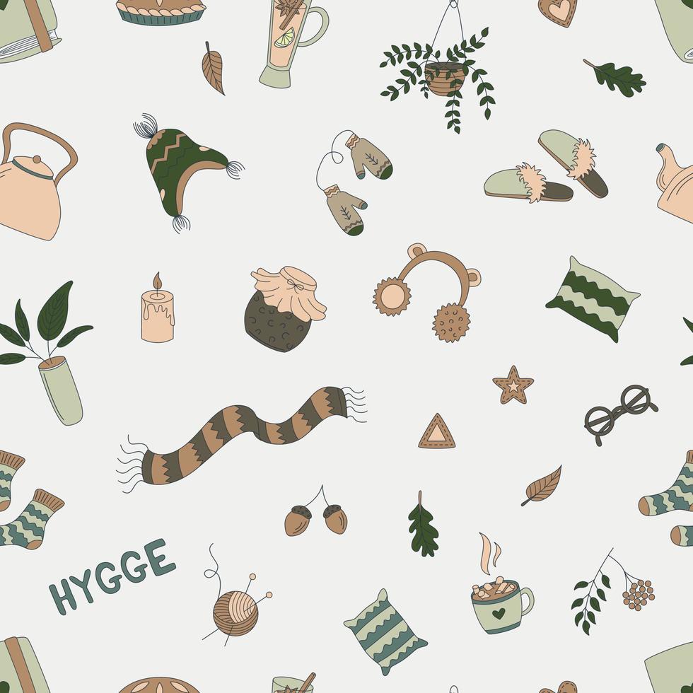 Seamless Pattern With Elements Of Hygge. Cozy Things, Warm Clothes, Hot Drinks And More. Flat Hand Drawn Vector Illustration.