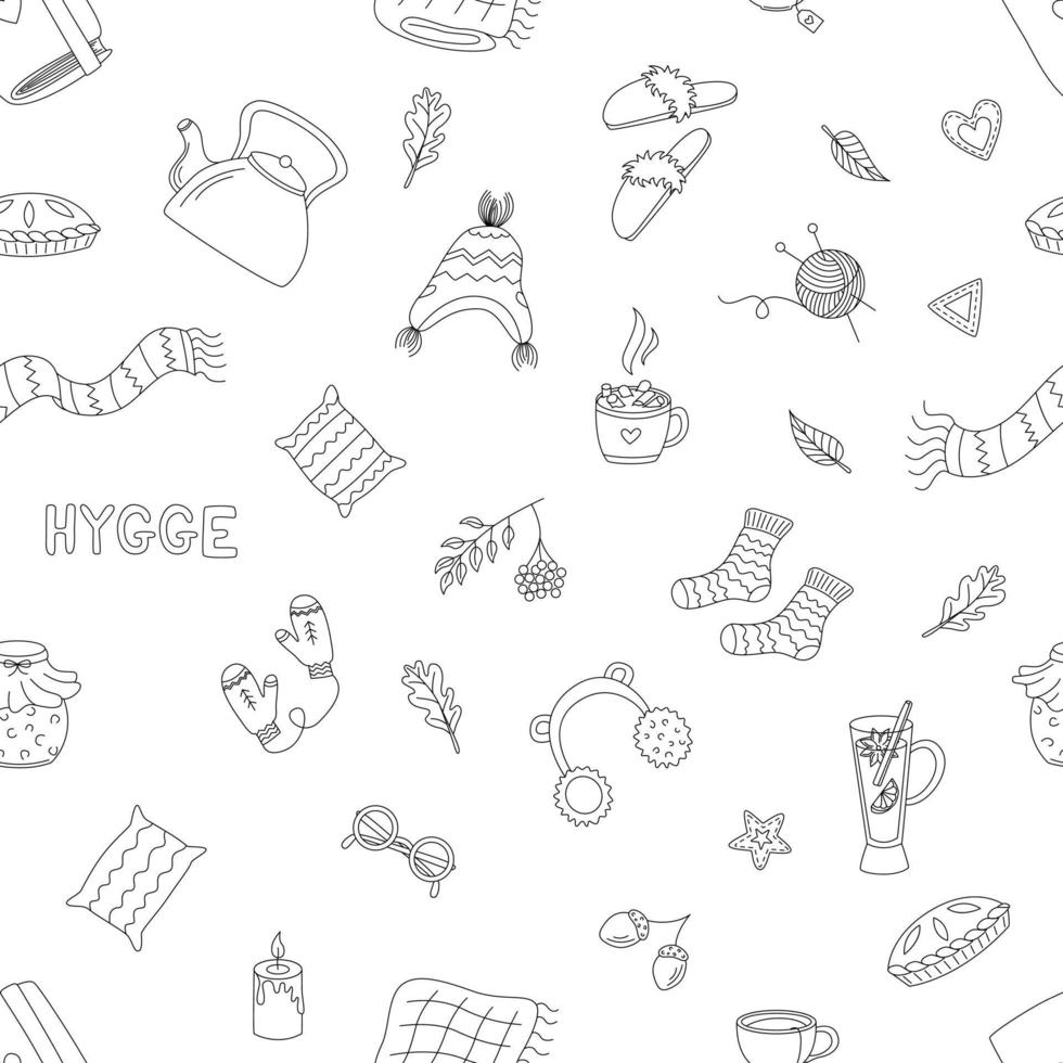 Seamless Pattern With Hygge Elements. Cozy Things, Warm Clothes, Hot Drinks And More. Outline Vector Illustration.