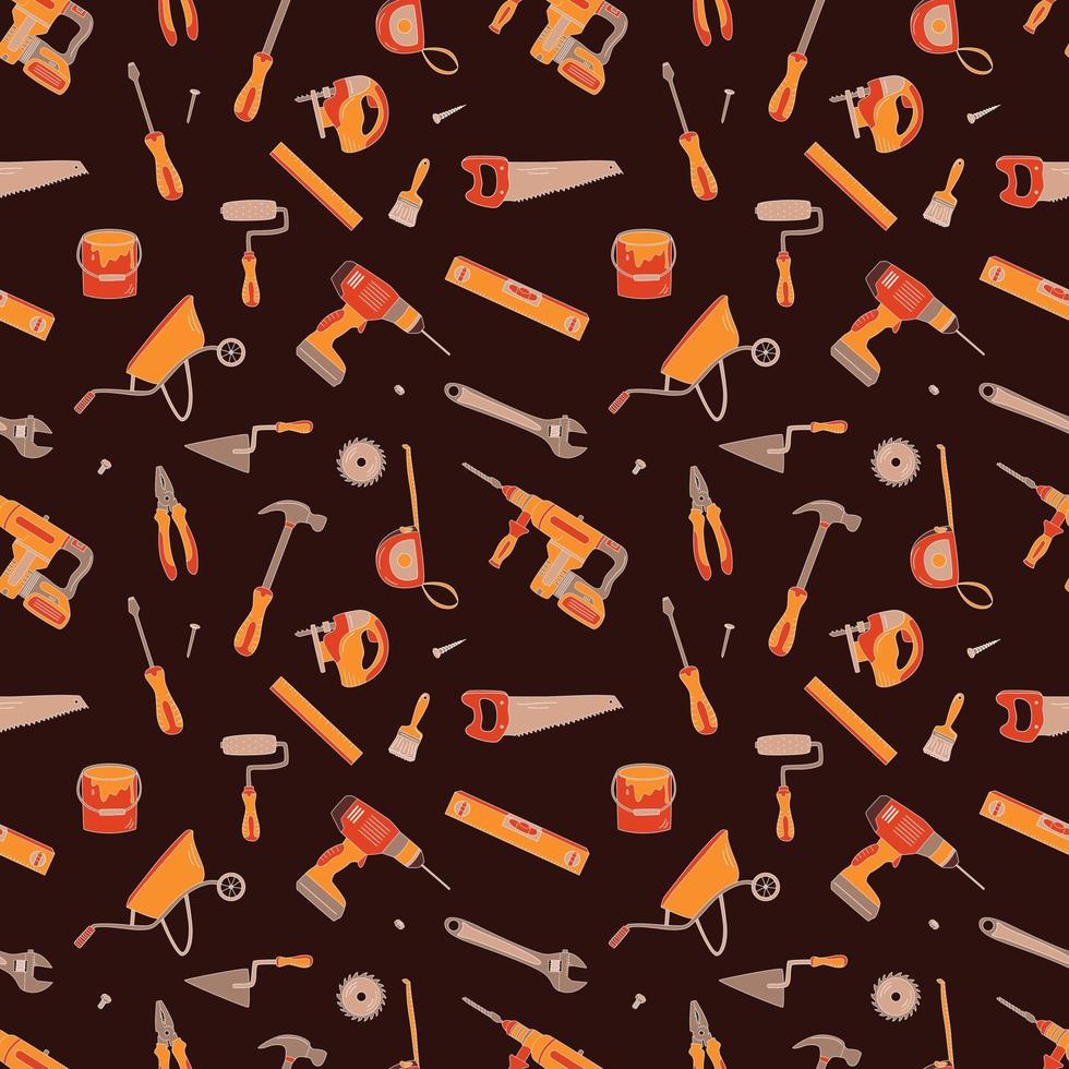 Seamless Pattern With Building Elements. Flat Hand Drawn Vector Illustration. Construction Tools.