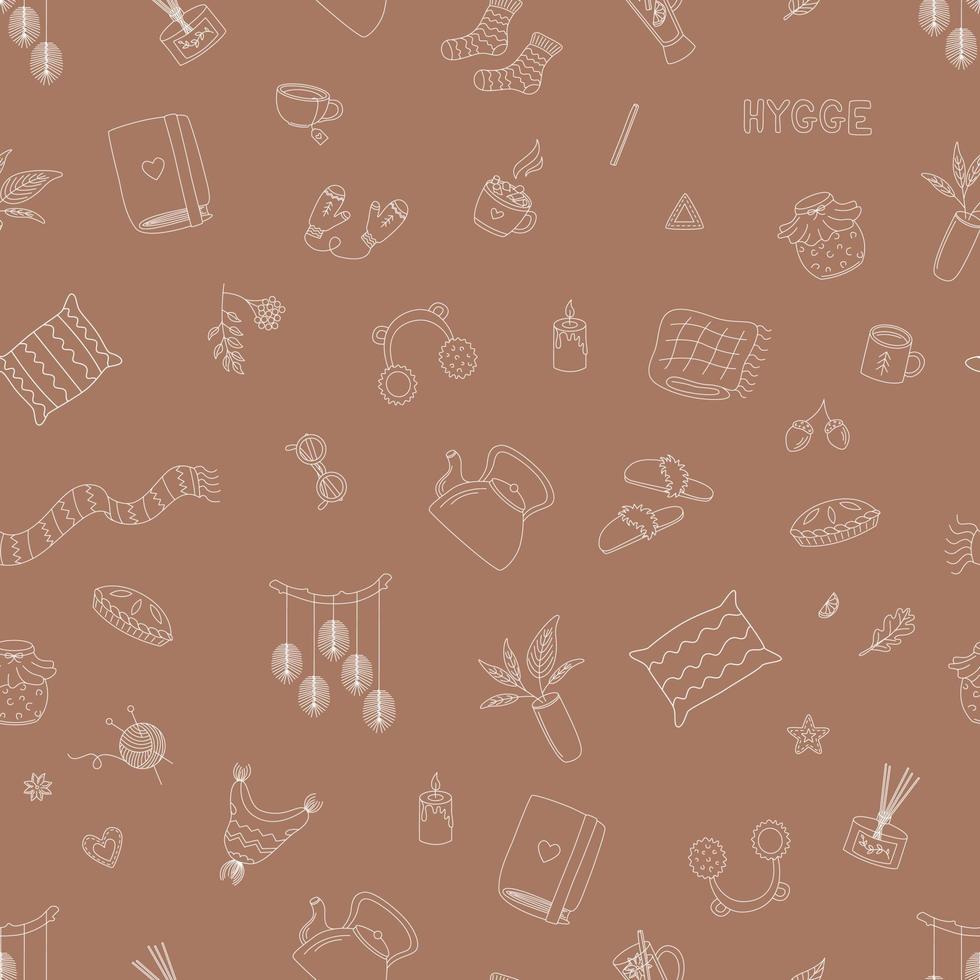 Seamless Pattern With Hygge Elements. Cozy Things, Warm Clothes, Hot Drinks And More. Outline Vector Illustration.