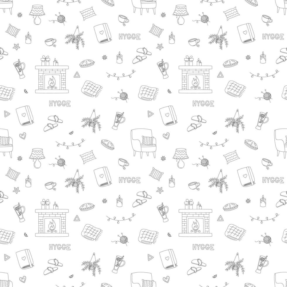 Seamless Pattern With Hygge Elements. Cozy Things, Warm Clothes, Hot Drinks And More. Outline Vector Illustration.