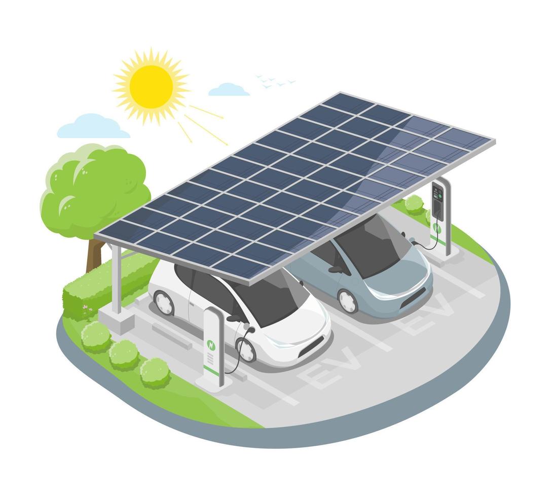 estacionamiento de automóviles con celdas solares estación de carga de automóviles ev en fábrica y supermercado o casa isométrica vector