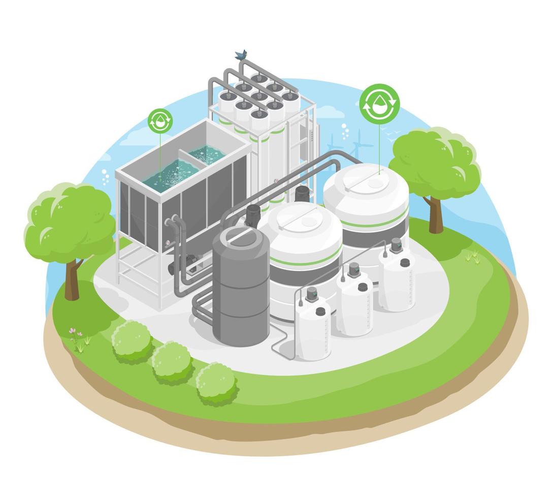 tratamiento de aguas residuales concepto ecología fábrica verde sistema de reciclaje de agua isométrica vector