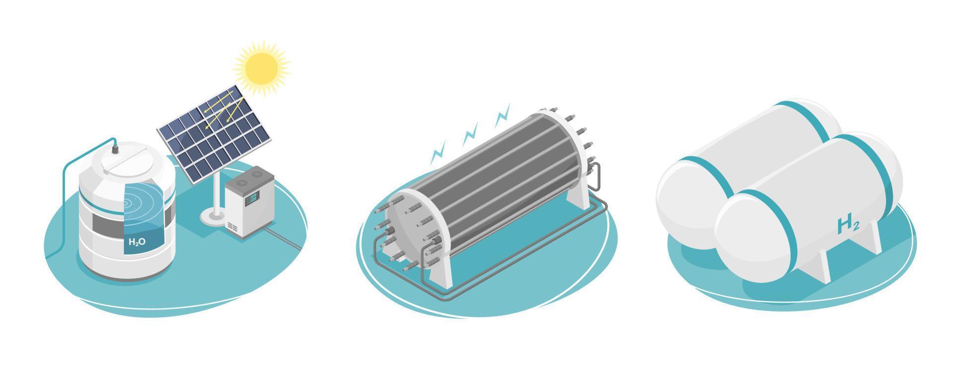 concepto de energía de hidrógeno planta de energía producción de sistema de ecología de energía verde con diagrama de celda solar isométrica vector aislado sobre fondo blanco