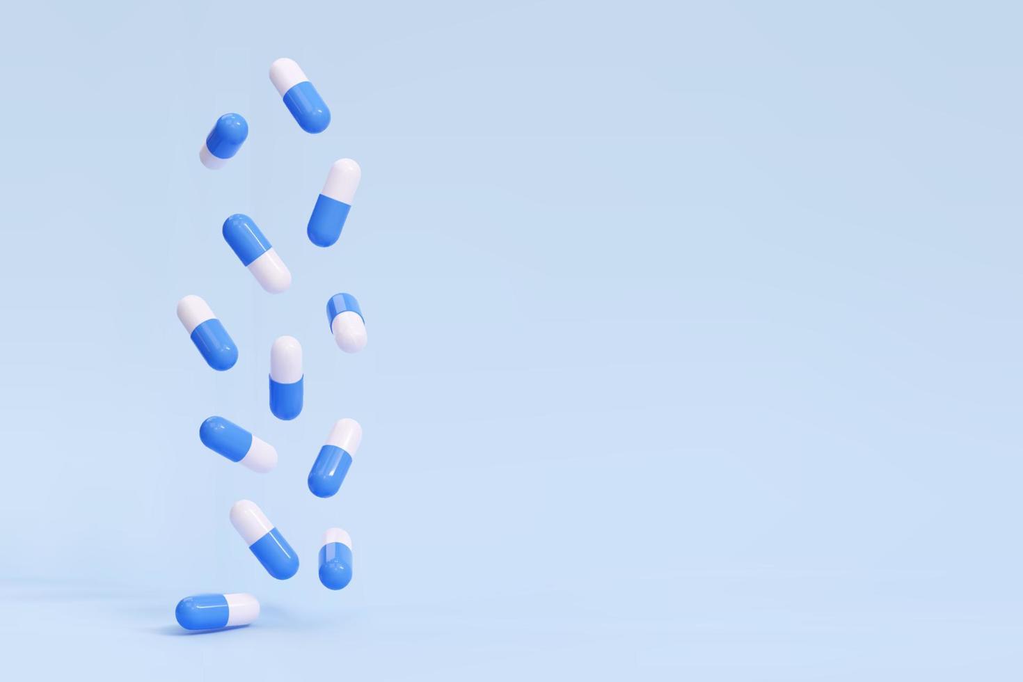 3D falling pills capsules on a blue background. Antibiotic, vitamin drugs. Vector illustration