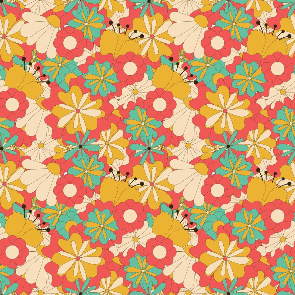 Seamless floral groovy pattern. Seamless vectorn with orange and pink flowers with peace sign for fabric or paper print. vector