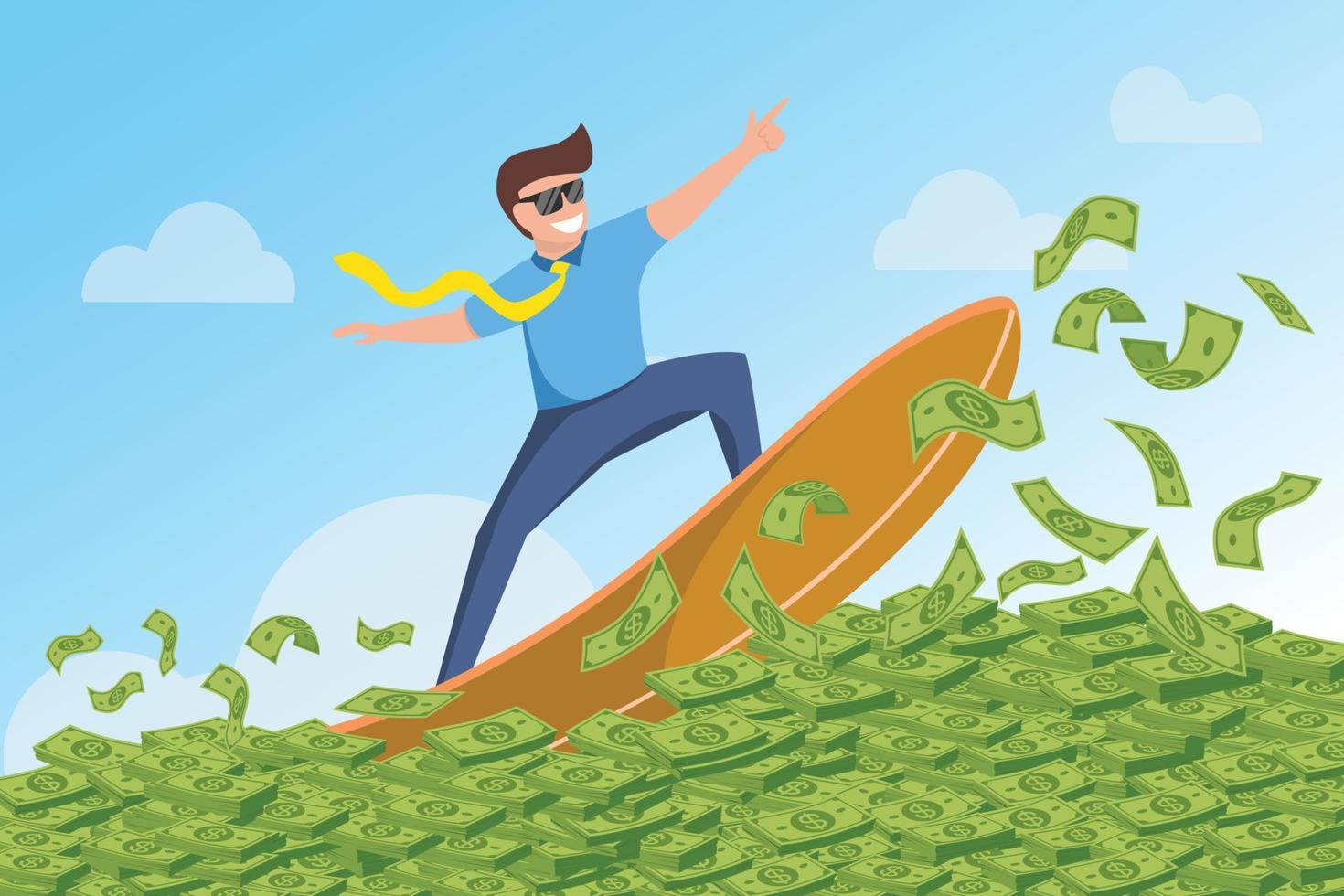 Businessman surfing financial seas. Riding dollar cash money waves on surfboard showing victory gesture. Successful trader on peak of profitability. Business success concept. Flat vector illustration.