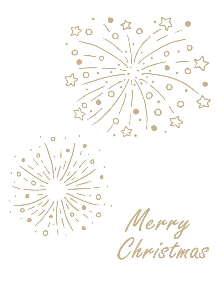 Vector christmas card with hand drawn fireworks. Vector illustration for winter celebration. Postcard with text and doodle fireworks. Marry Christmas.