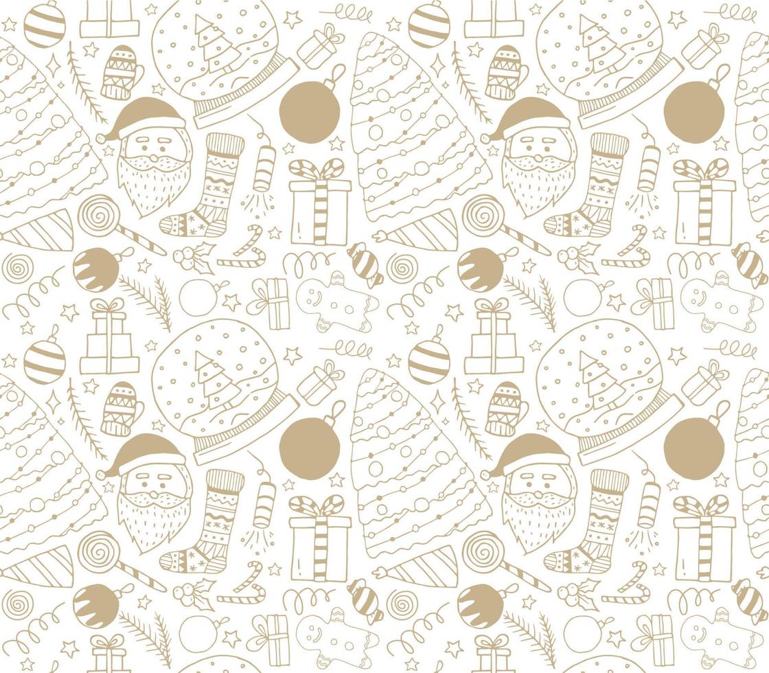 Seamless pattern with christmas elements. New Year and Christmas vector illustration. Print in gold and white colors for winter celebration.