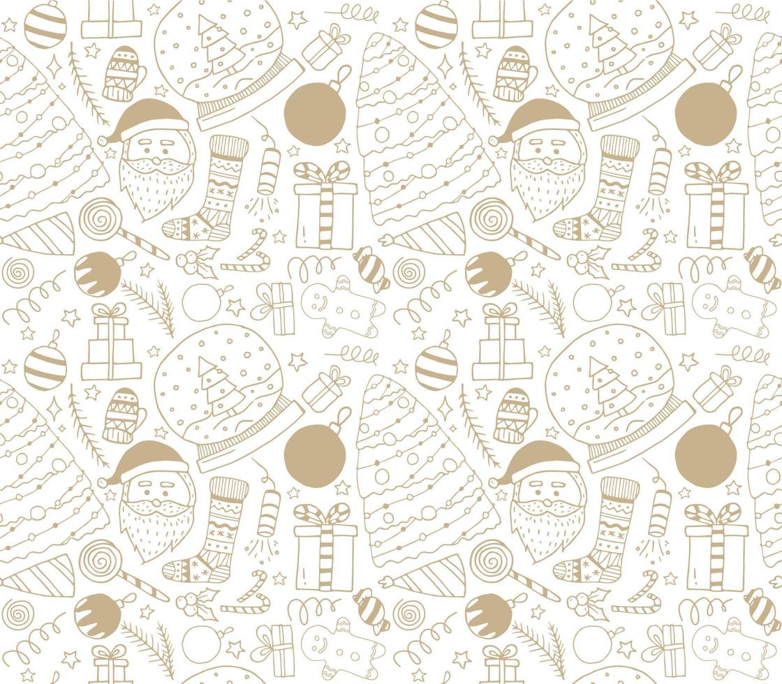 Seamless pattern with christmas elements. New Year and Christmas vector illustration. Print in gold and white colors for winter celebration.