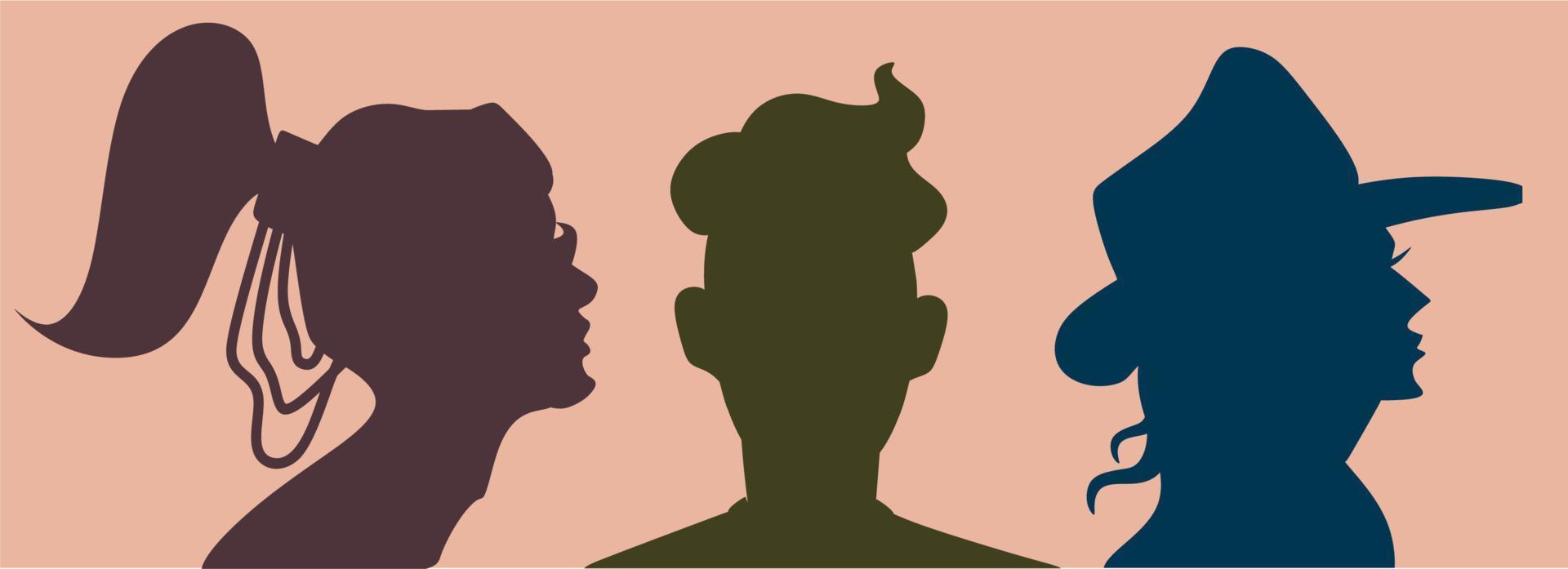 tres siluetas humanas en colores pastel. perfiles femeninos y masculinos en colores azul, morado y caqui. el fondo es un rectángulo de durazno. vector