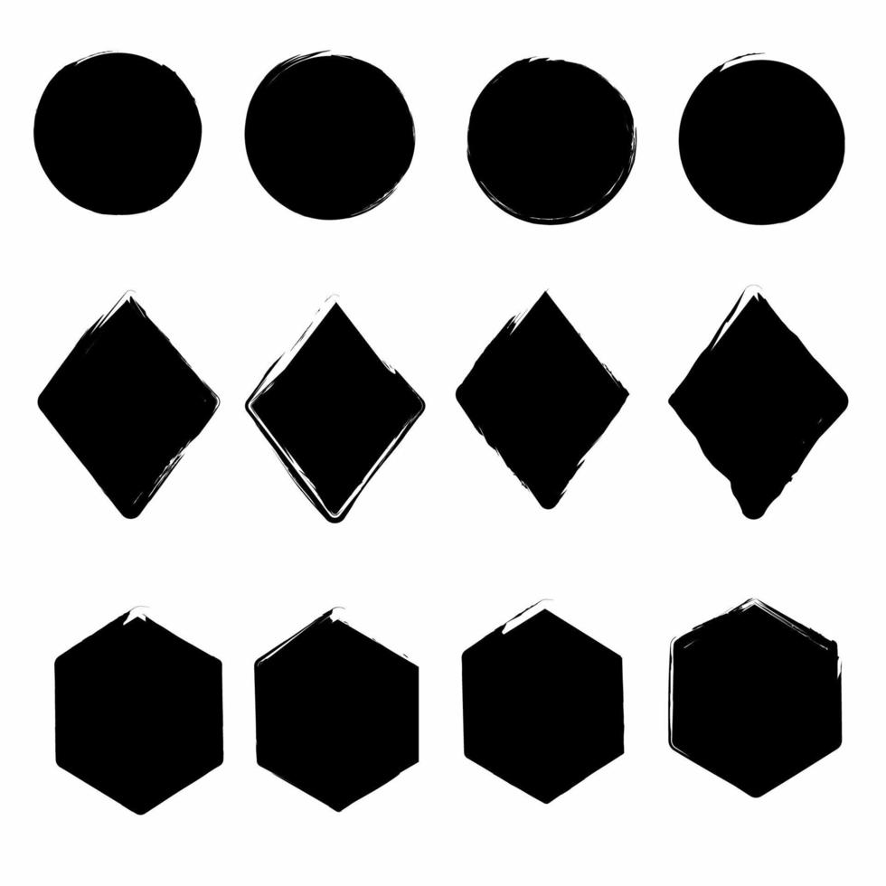Grunge shapes of circles, rhombuses and hexagons. Black figures with ragged black edges. Grunge brush. Design elements vector