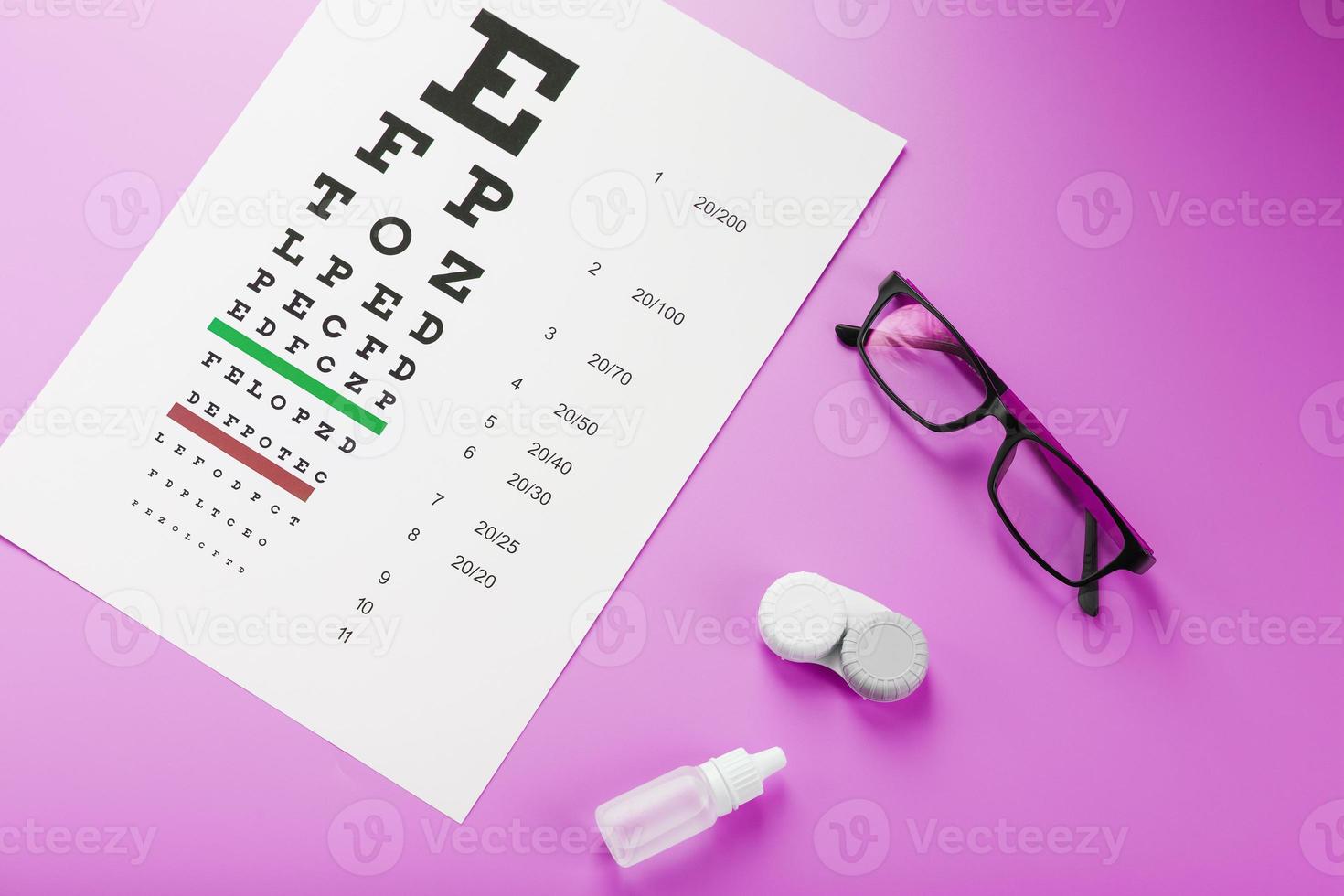 Ophthalmologist accessories glasses, lenses and vitamins with a test target for vision correction on a pink background. photo