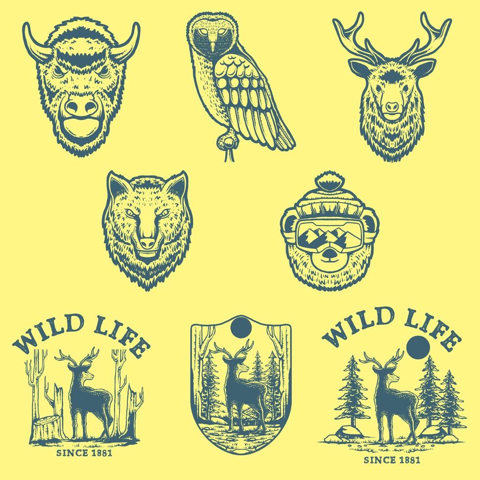 retro wildlife set vector