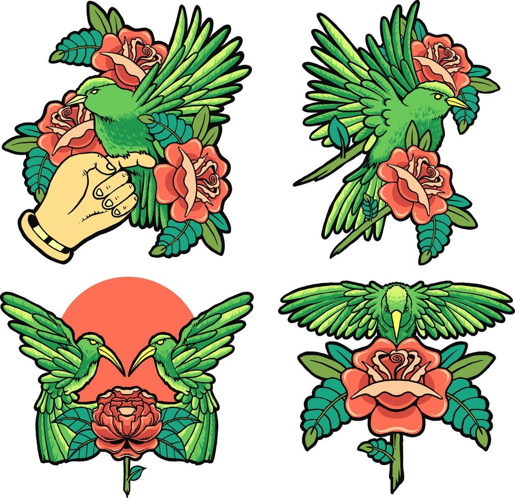 bird and red rose set vector