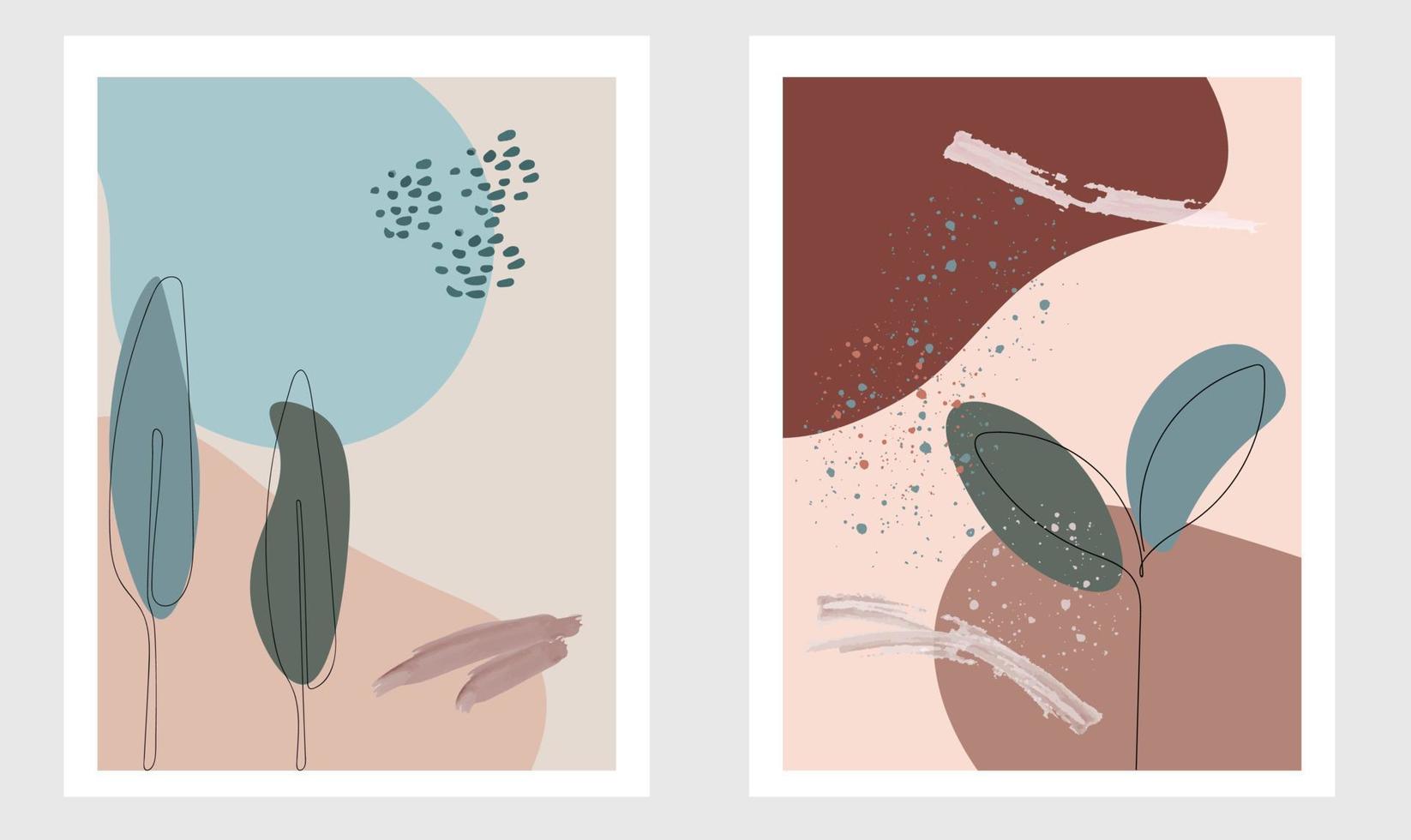 the group of two boho abstract illustrations with leaves in pastel colors vector
