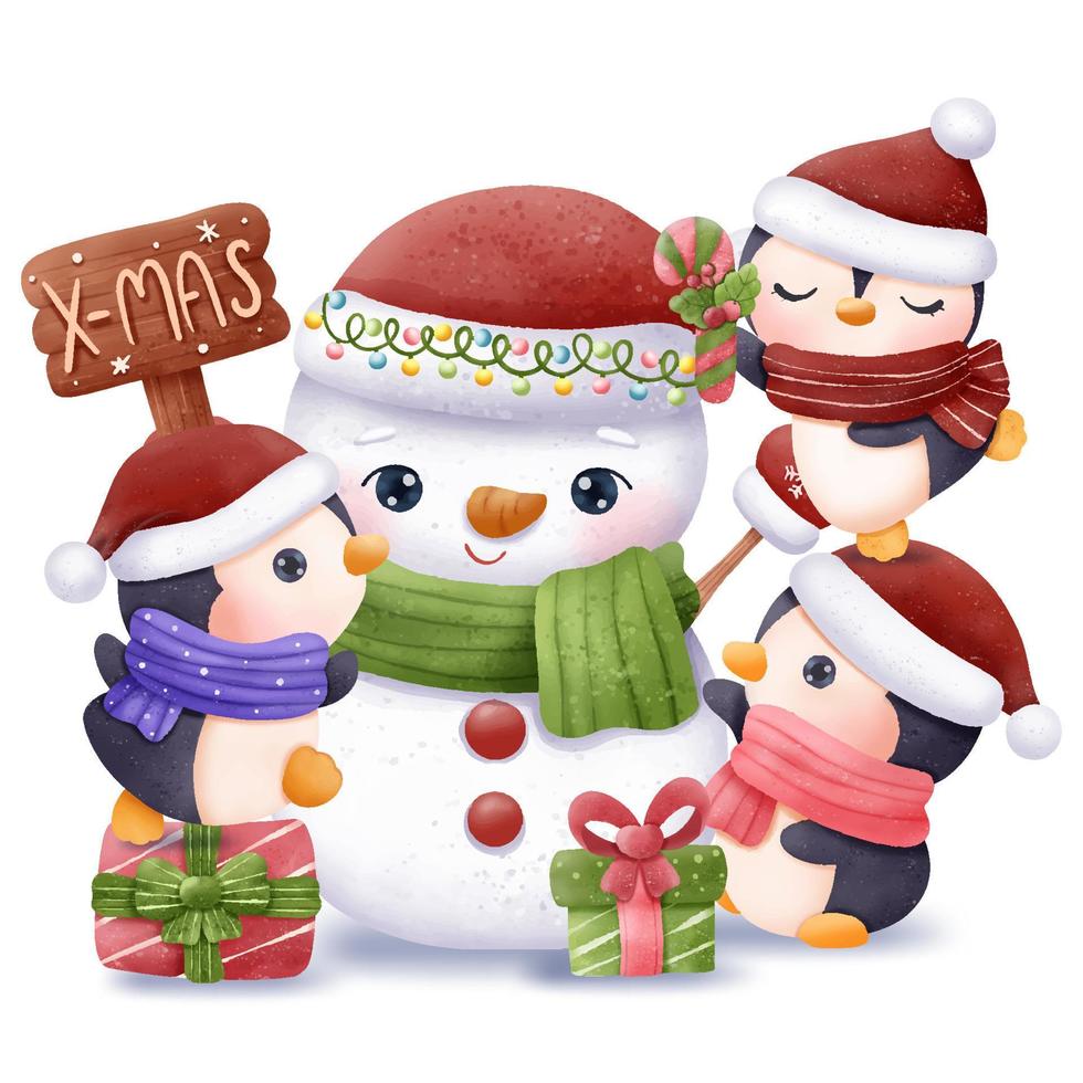 serie navideña lindo muñeco de nieve y pingüinos vector