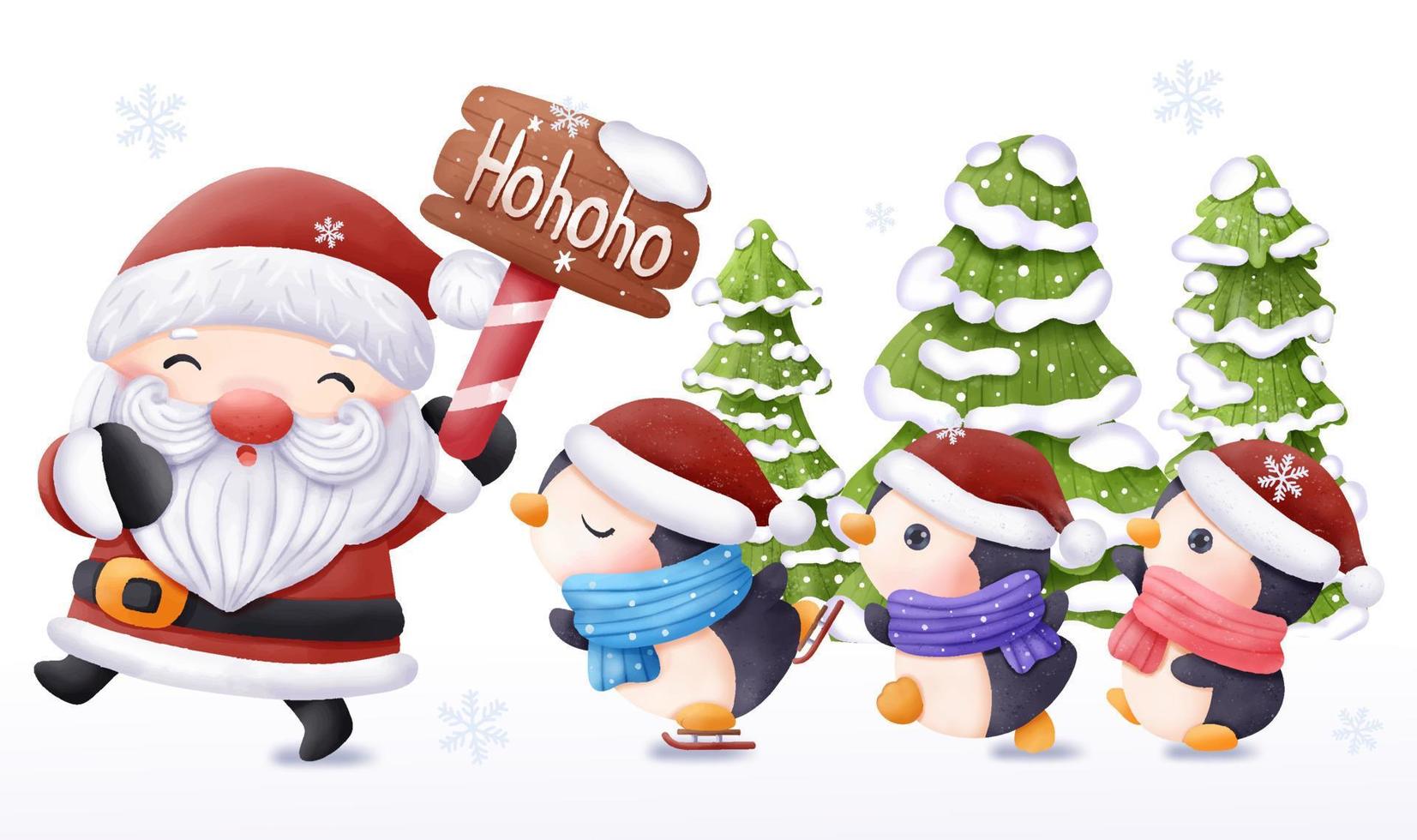 Christmas Illustration Santa with penguins vector
