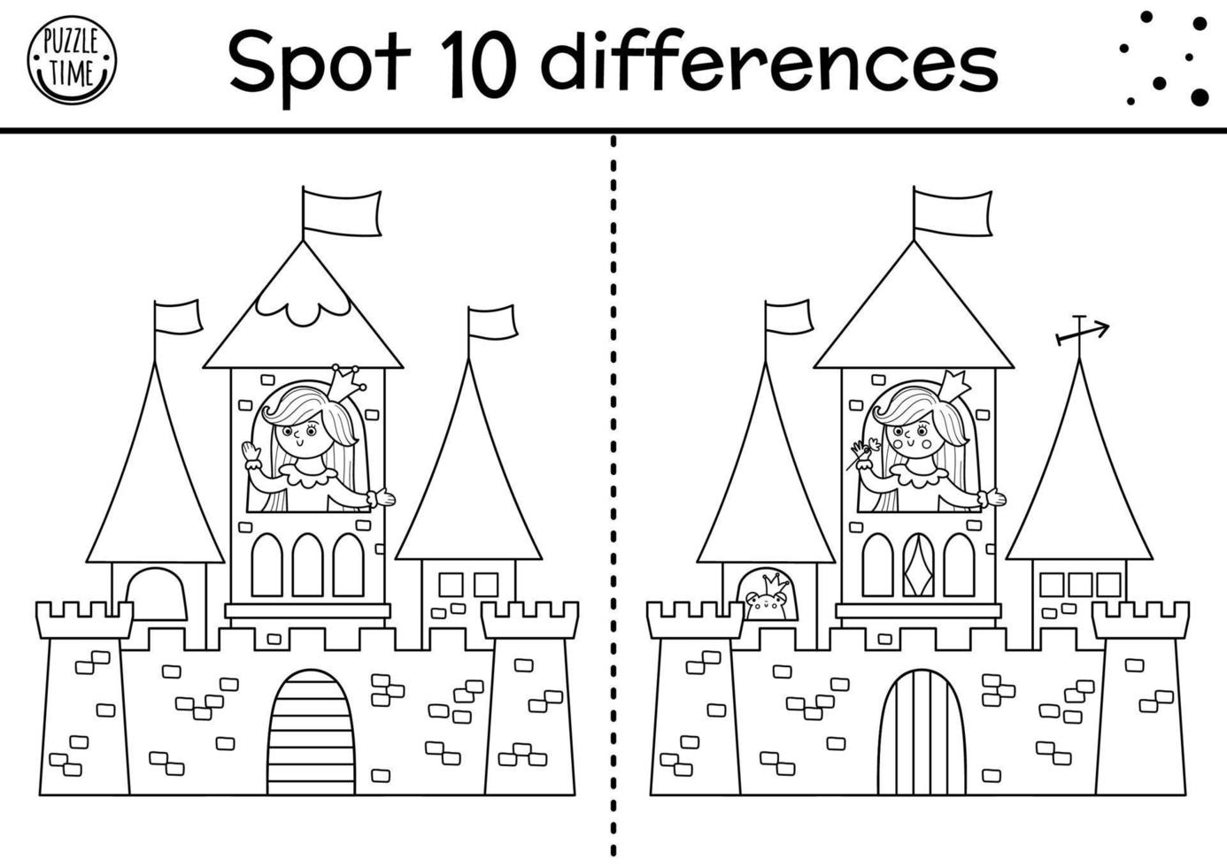 Juego de encontrar diferencias en blanco y negro para niños. actividad educativa de cuento de hadas con linda princesa en una torre de castillo. Rompecabezas del reino mágico para niños. hoja de trabajo imprimible o página para colorear de cuento de hadas vector