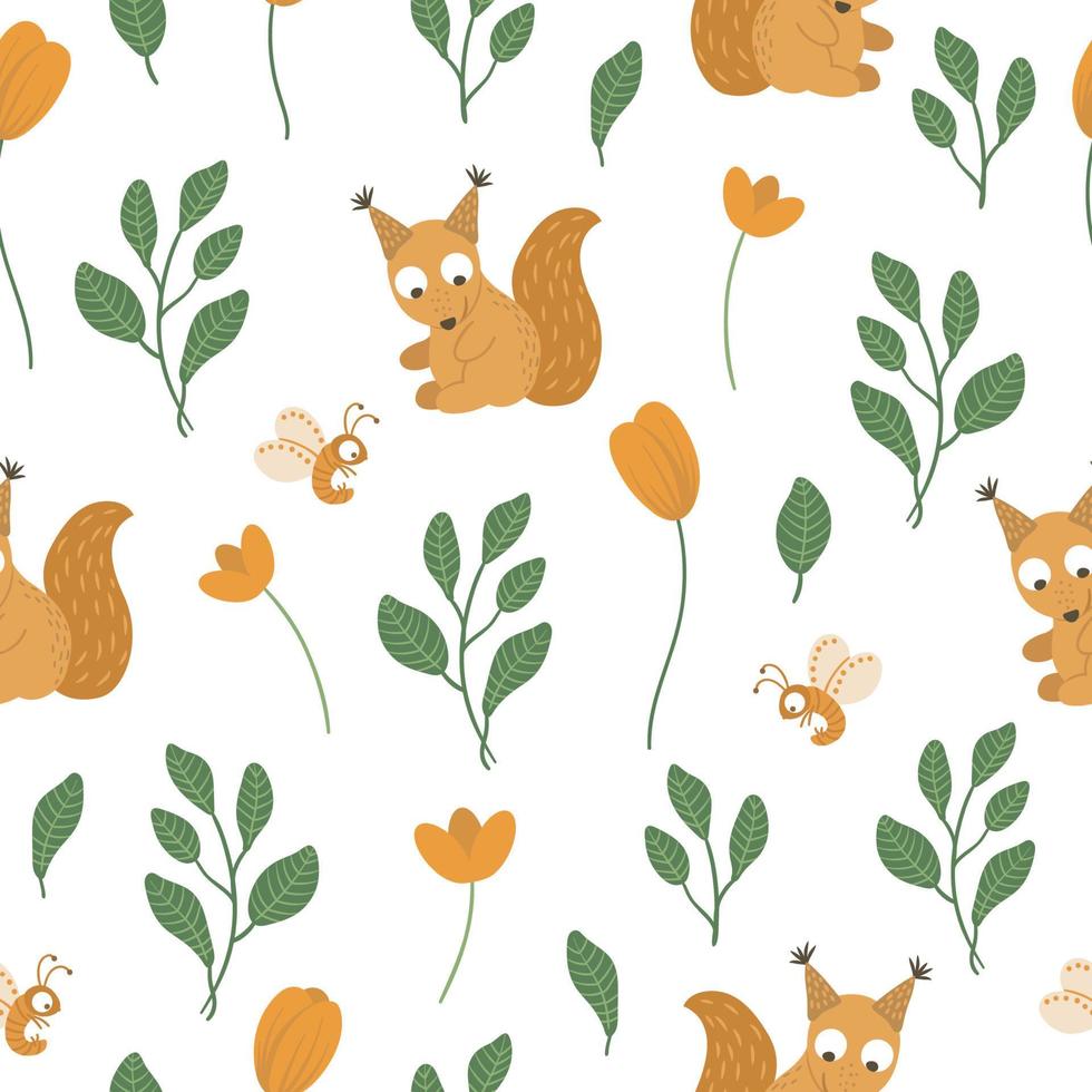 Vector seamless pattern of hand drawn flat funny baby squirrel with leaves and orange flowers. Forest themed repeating background for children design. Cute animalistic backdrop