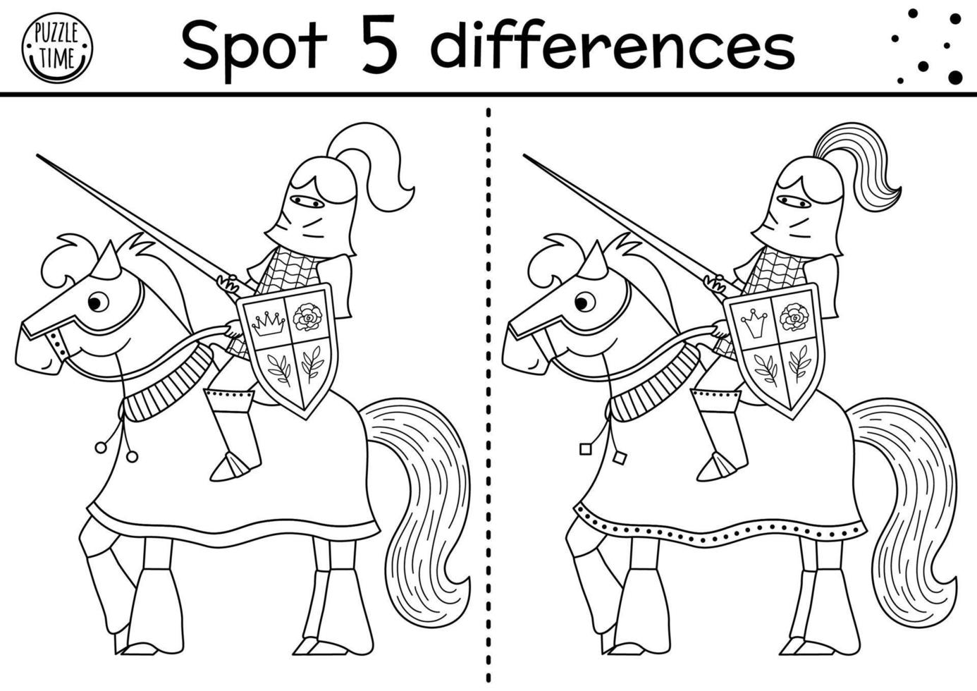 Juego de encontrar diferencias en blanco y negro para niños. actividad educativa de cuento de hadas con caballero armado a caballo. Rompecabezas del reino mágico para niños. hoja de trabajo imprimible o página para colorear de cuento de hadas vector