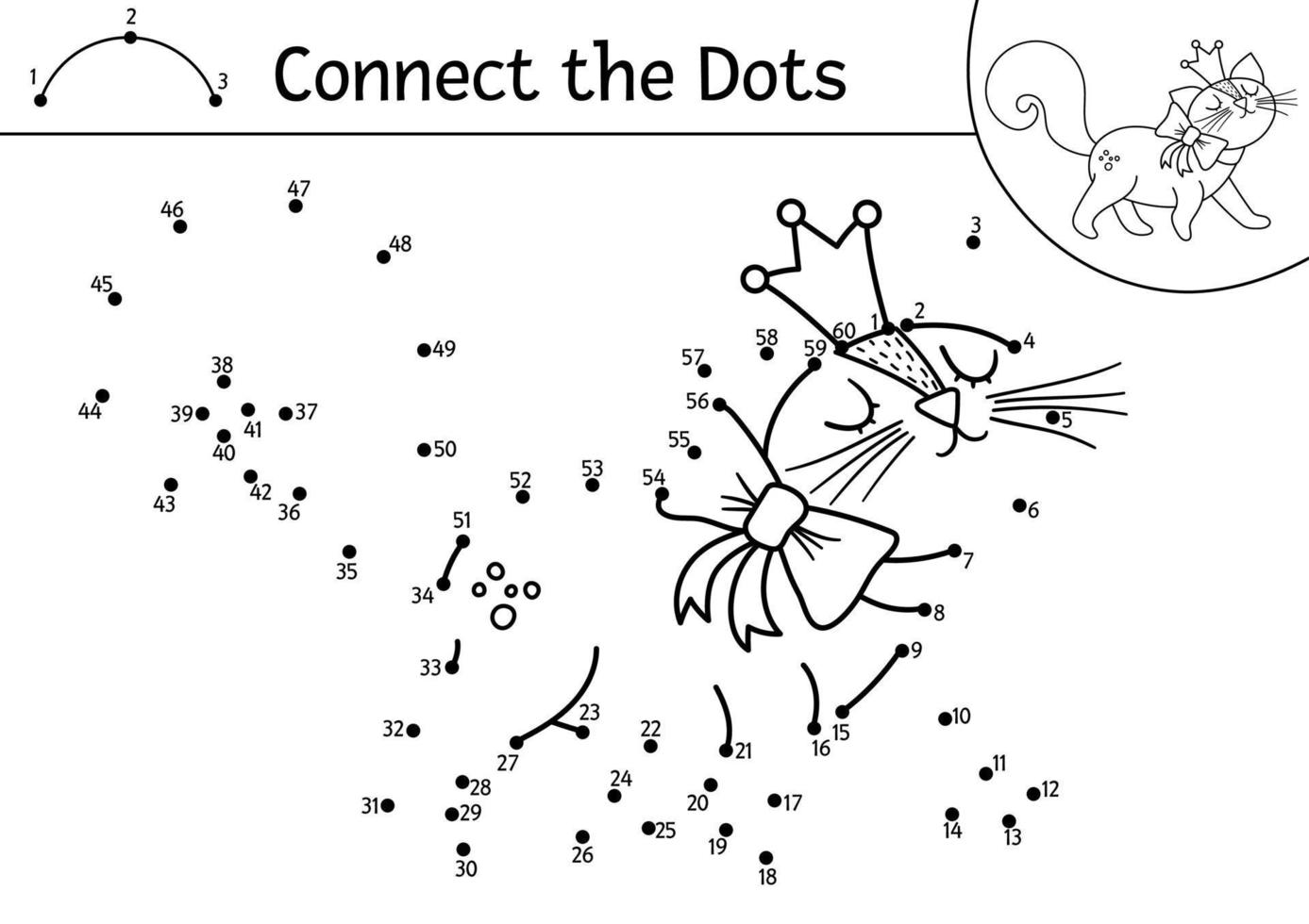 Vector dot-to-dot and color activity with cute cat in crown. Magic kingdom connect the dots game for children with fantasy kitten. Fairy tale coloring page for kids. Printable worksheet with pet